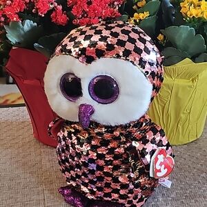 Ty Flippables Checks Owl with Pink and Black Sequins